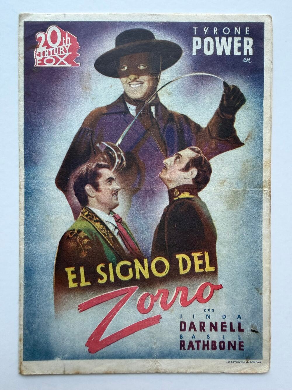 1940s Spanish Mark of Zorro Movie Herald Handbill Tyrone Power, Basil Rathbone